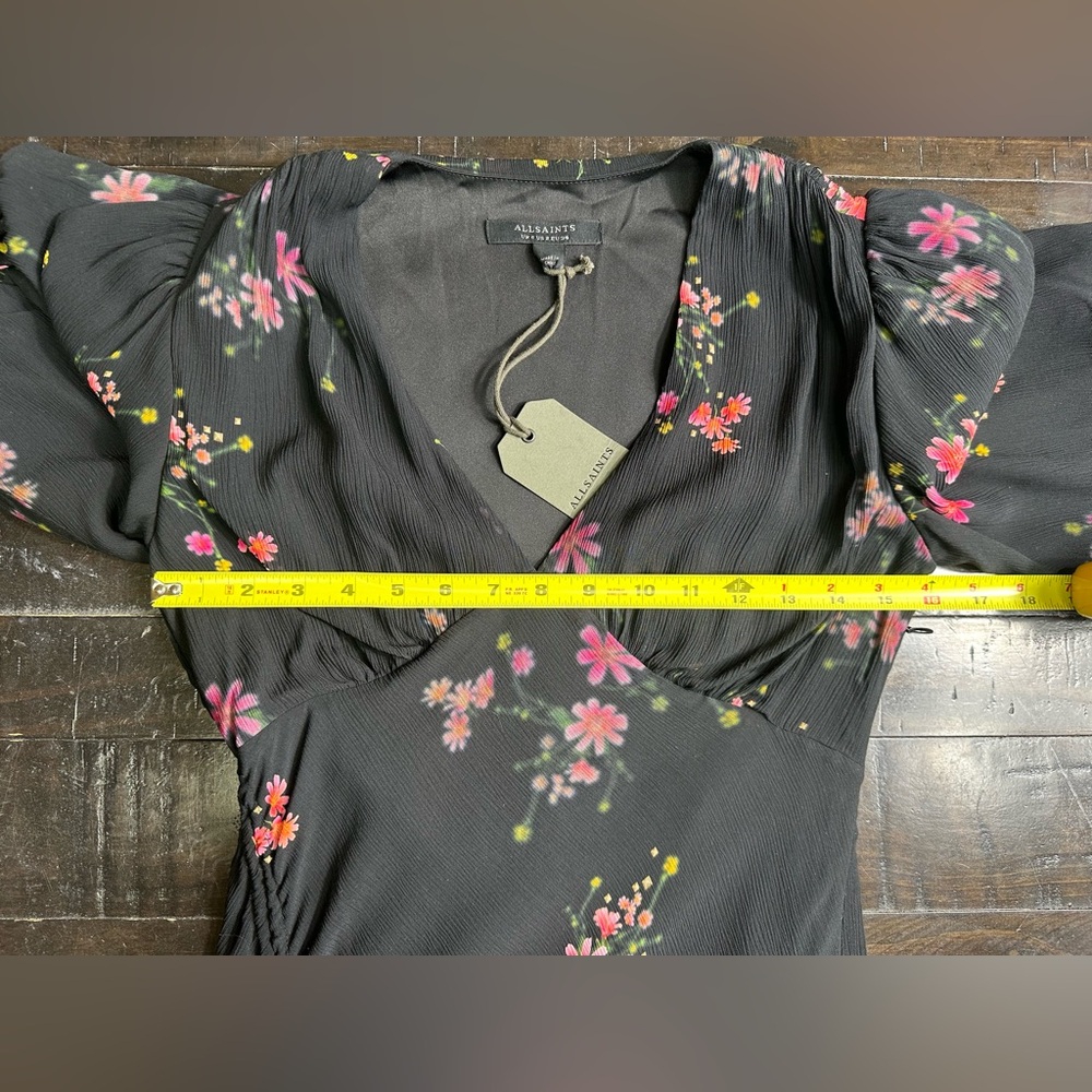 NWT All Saints Safiya Solanio Floral Print V-Neck Ruched Midi Dress US Size 2 - Picture 11 of 12